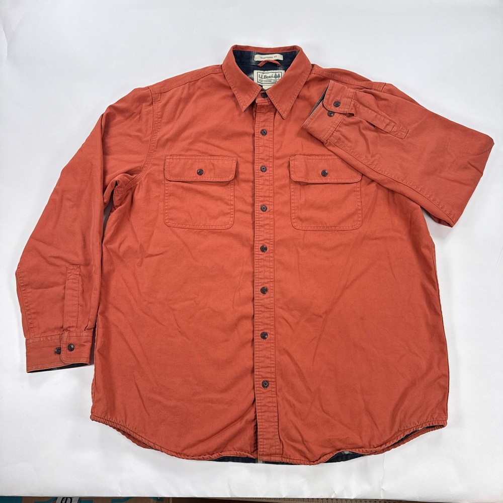 LL Bean Men Large Flannel Lined Hurricane Shirt Jacket Rust Orange Plaid Shacket - Picture 2 of 8